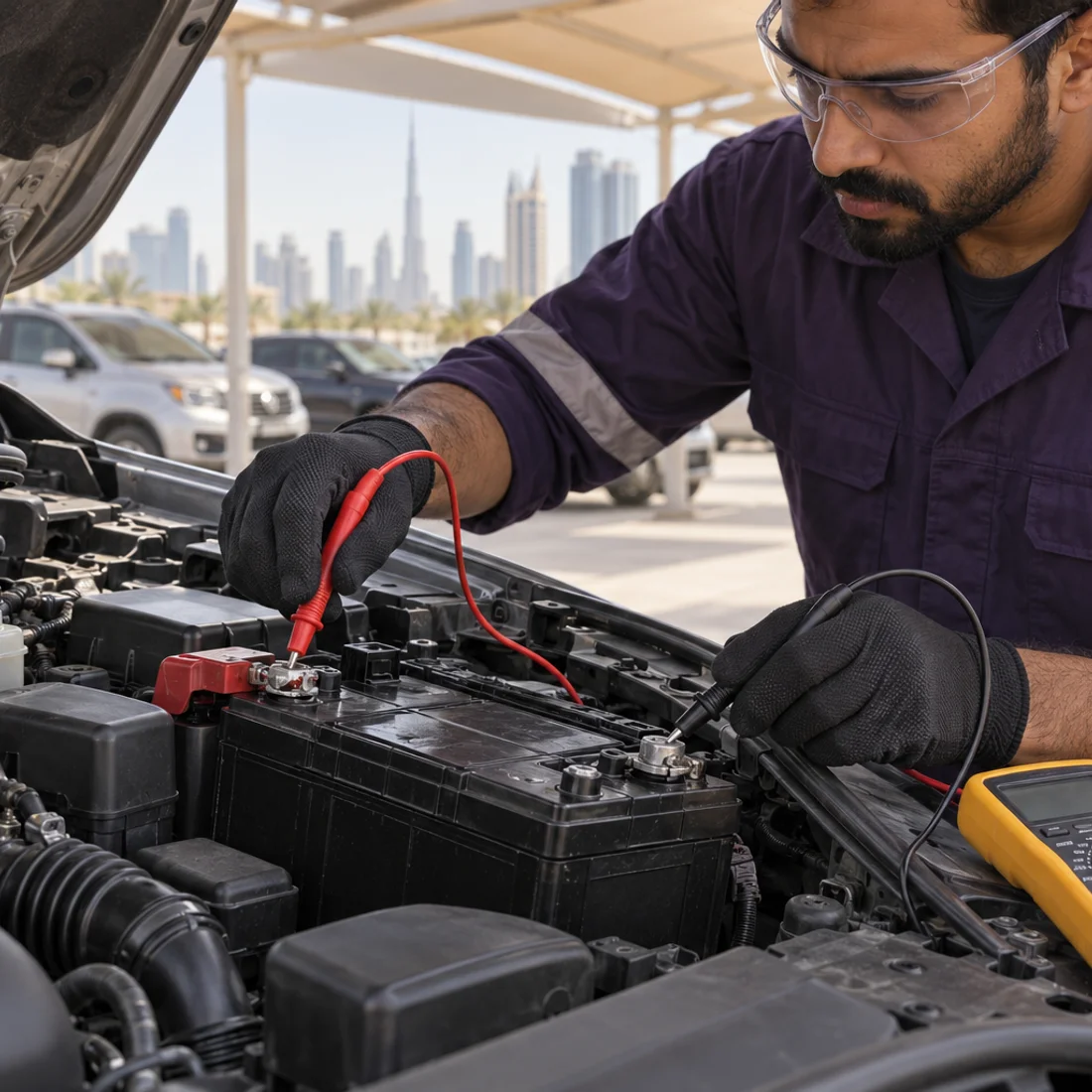 Technician testing a car battery with a multimeter