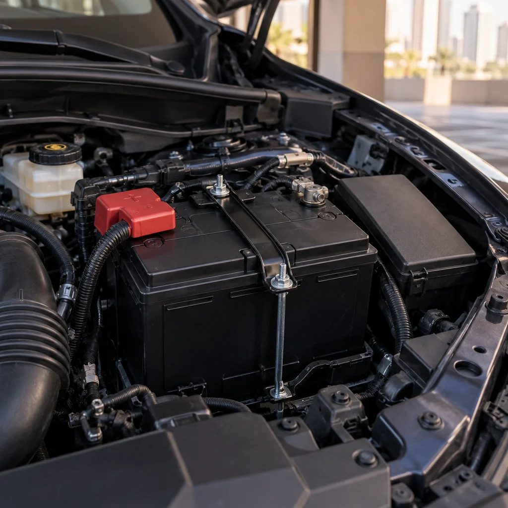 Technician tightening the clamp on a newly fitted car battery