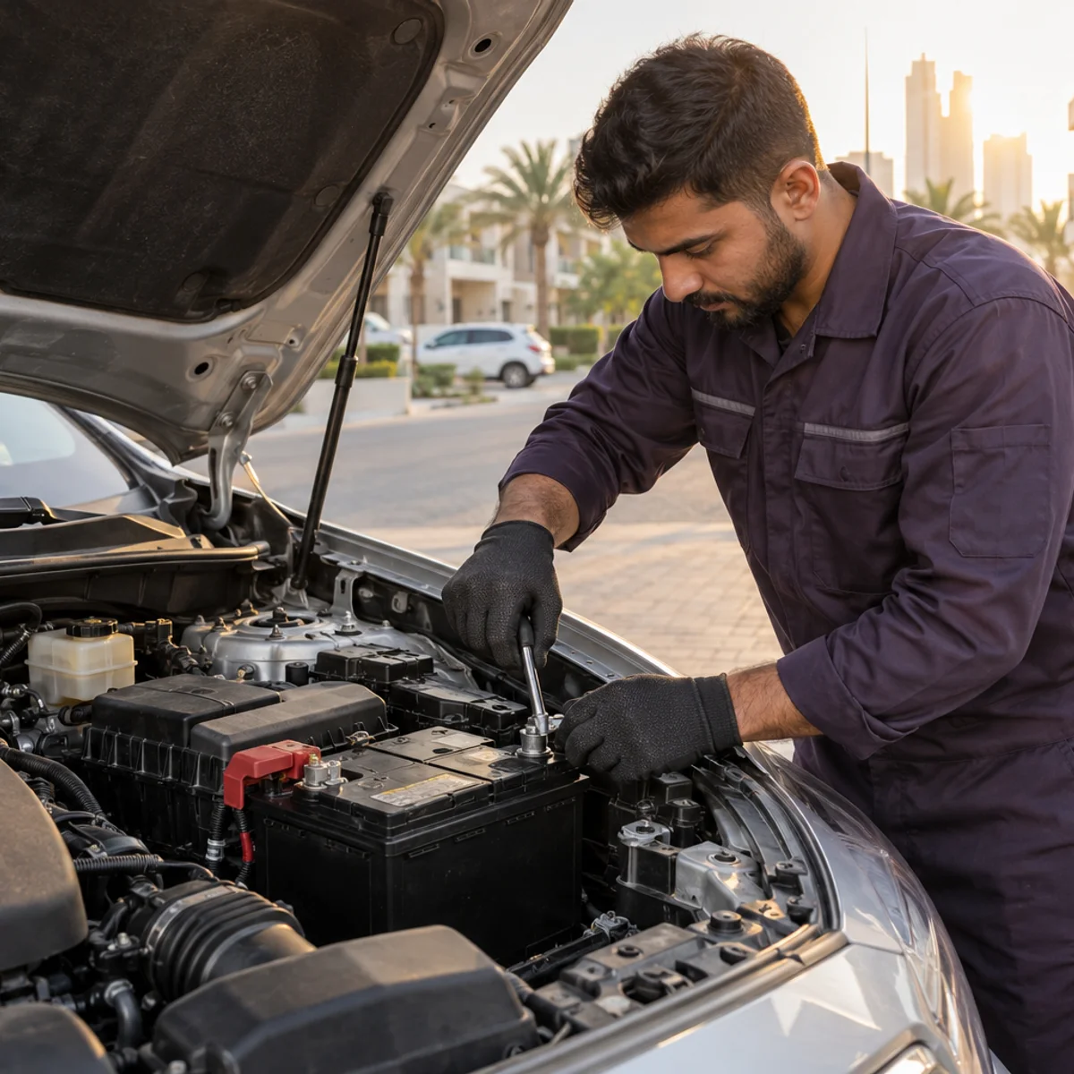 Arjan Battery technician fitting a new car battery at the roadside in Dubai